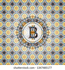 bitcoin icon inside arabic style badge. Arabesque decoration.