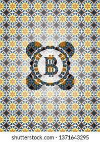 bitcoin icon inside arabic style badge. Arabesque decoration.