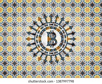 bitcoin icon inside arabic style emblem. Arabesque decoration.