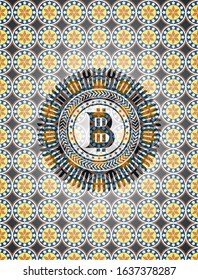 bitcoin icon inside arabic style badge. Arabesque decoration.