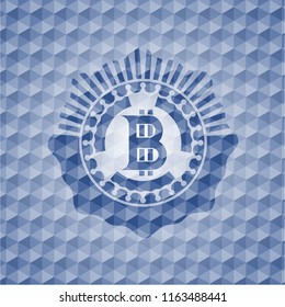 bitcoin icon inside blue badge with geometric pattern.