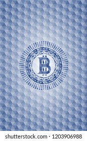 bitcoin icon inside blue badge with geometric background.