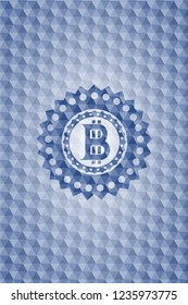 bitcoin icon inside blue badge with geometric pattern.