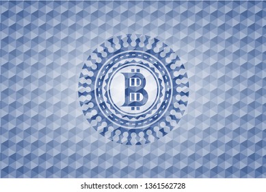 bitcoin icon inside blue badge with geometric pattern.