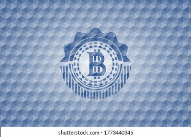 bitcoin icon inside blue badge with geometric pattern background. 