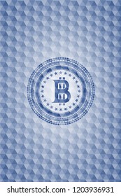 bitcoin icon inside blue emblem or badge with geometric pattern background.