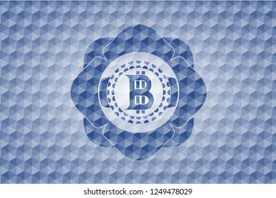bitcoin icon inside blue emblem with geometric pattern.