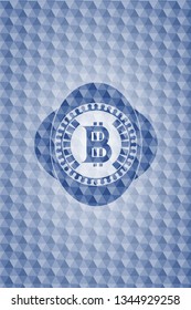 bitcoin icon inside blue emblem with geometric pattern background.