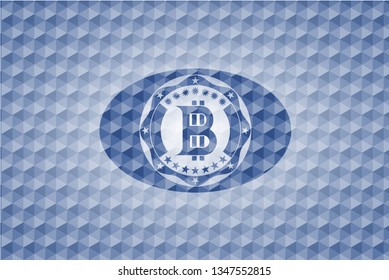 bitcoin icon inside blue emblem with geometric pattern background.