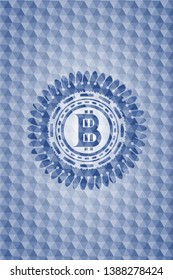 bitcoin icon inside blue emblem or badge with geometric pattern background.