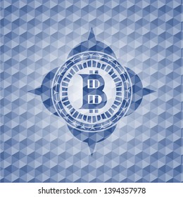 bitcoin icon inside blue emblem with geometric pattern background.