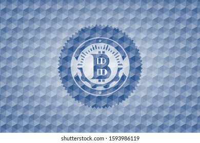 bitcoin icon inside blue emblem with geometric pattern background.