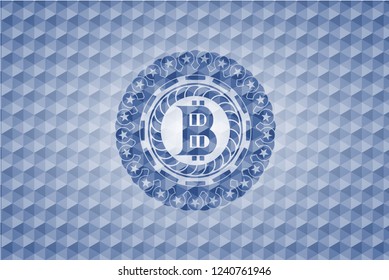 bitcoin icon inside blue hexagon badge.