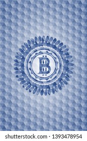 bitcoin icon inside blue hexagon badge.