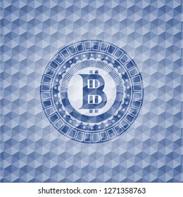 bitcoin icon inside blue polygonal badge.