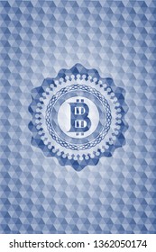 bitcoin icon inside blue polygonal emblem.