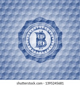 bitcoin icon inside blue polygonal badge.