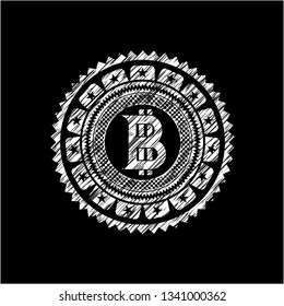 bitcoin icon inside chalkboard emblem written on a blackboard