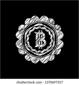 bitcoin icon inside chalkboard emblem written on a blackboard