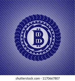 bitcoin icon inside emblem with denim high quality background