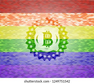 bitcoin icon inside emblem on mosaic background with the colors of the LGBT flag