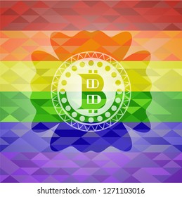 bitcoin icon inside emblem on mosaic background with the colors of the LGBT flag