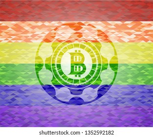 bitcoin icon inside emblem on mosaic background with the colors of the LGBT flag