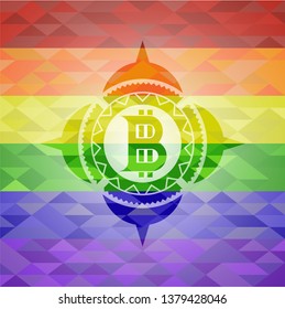 bitcoin icon inside emblem on mosaic background with the colors of the LGBT flag