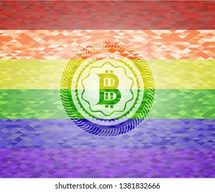 bitcoin icon inside emblem on mosaic background with the colors of the LGBT flag