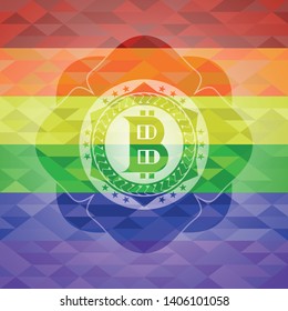 bitcoin icon inside emblem on mosaic background with the colors of the LGBT flag