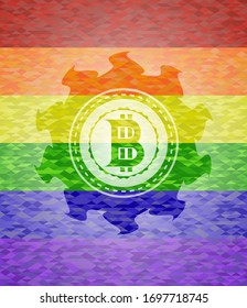 icono de bitcoin dentro del emblema sobre fondo de mosaico con los colores de la bandera LGBT