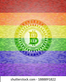 bitcoin icon inside emblem on mosaic background with the colors of the LGBT flag. 