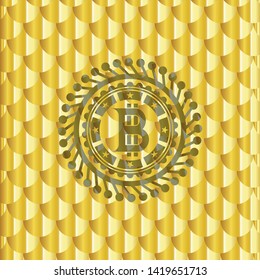 bitcoin icon inside gold badge or emblem. Scales pattern. Vector Illustration. Detailed.