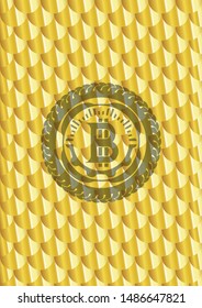 bitcoin icon inside gold shiny badge. Scales pattern. Vector Illustration. Detailed.