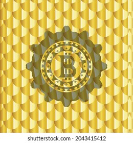 bitcoin icon inside gold shiny emblem. Scales pattern. Vector Illustration. Detailed. 