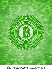 bitcoin icon inside green emblem with mosaic background
