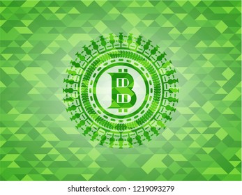 bitcoin icon inside green emblem. Mosaic background