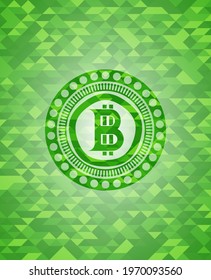bitcoin icon inside green emblem with mosaic background. 