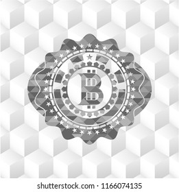 bitcoin icon inside grey badge with geometric cube white background