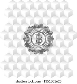 bitcoin icon inside grey badge with geometric cube white background