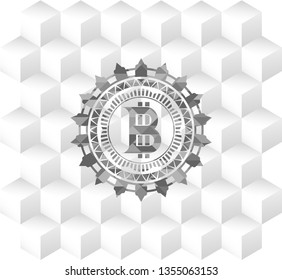 bitcoin icon inside grey badge with geometric cube white background