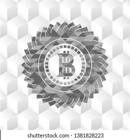 bitcoin icon inside grey badge with geometric cube white background