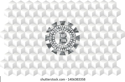 bitcoin icon inside grey badge with geometric cube white background