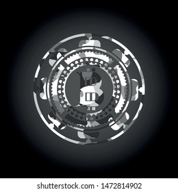 bitcoin icon inside grey camouflaged emblem