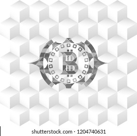 bitcoin icon inside grey emblem. Retro with geometric cube white background