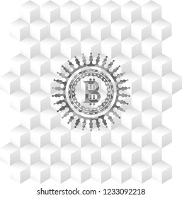 bitcoin icon inside grey emblem with geometric cube white background