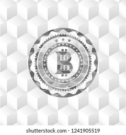 bitcoin icon inside grey emblem with cube white background