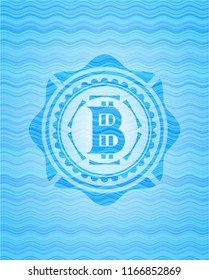 bitcoin icon inside light blue water emblem.