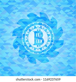 bitcoin icon inside light blue emblem. Mosaic background