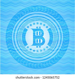 bitcoin icon inside light blue water badge background.